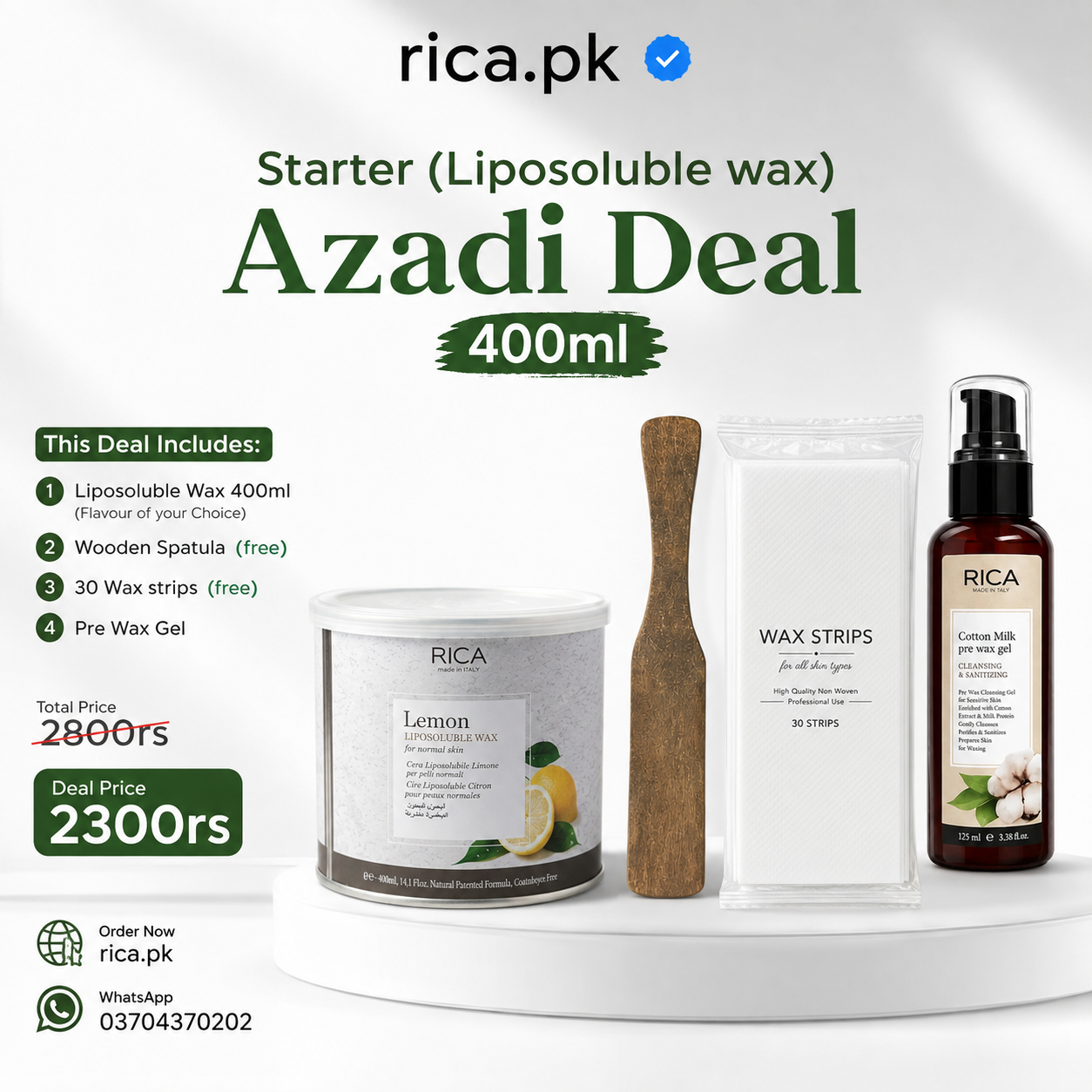 Starter Azadi Deal (Liposoluble Wax) 400ml + Pre Wax Gel + Spatula + Strip Packet